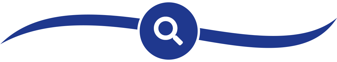 Royal blue circle with white magnifying glass icon inside and royal blue swooshes on either side
