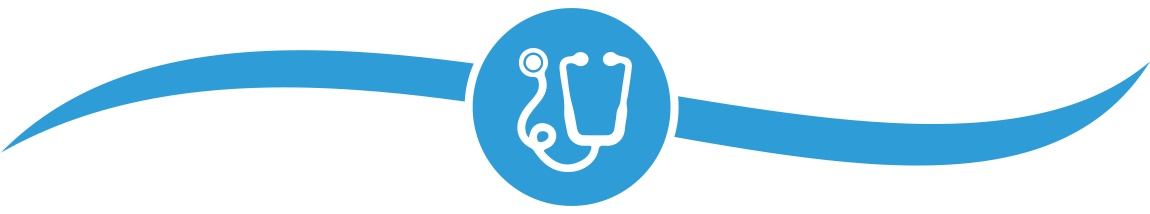 Cyan circle with white stethoscope icon inside and cyan swooshes on either side