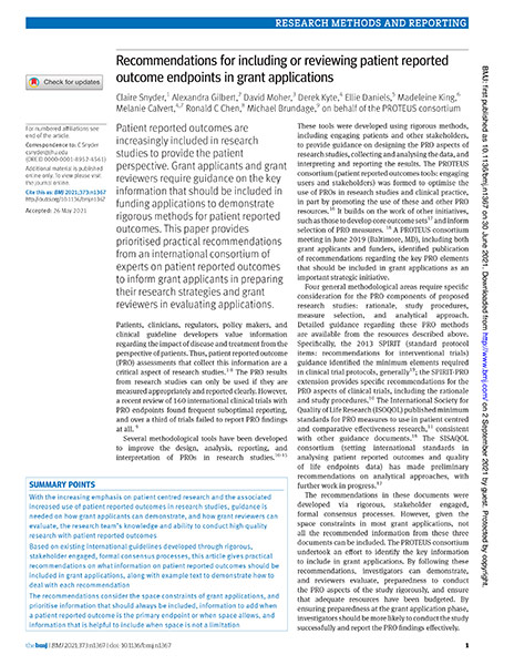 Cover of Recommendations for Including or Reviewing Patient-Reported Outcome Endpoints in Grant Applications Article