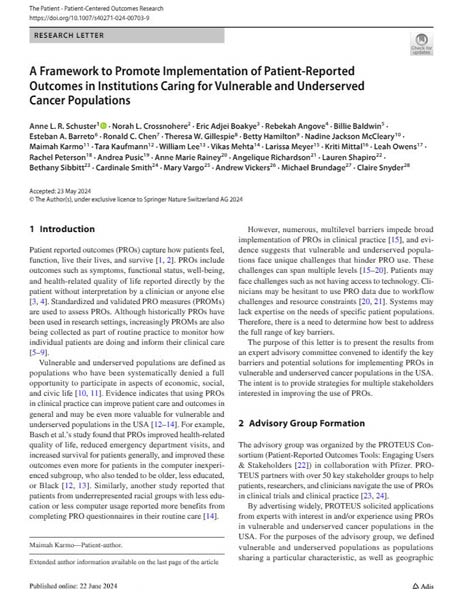 Cover of A Framework To Promote Implementation Of Patient-Reported Outcomes In Institutions Caring For Vulnerable And Underserved Cancer Populations