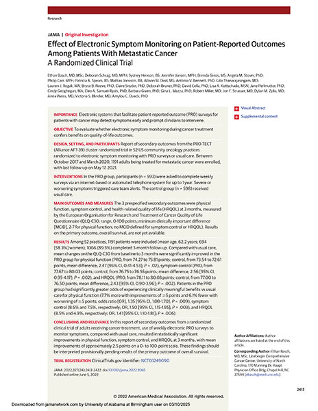 Effect of Electronic Symptom Monitoring on Patient Reported Outcomes Among Patients With Metastatic Cancer Cover Cover of Effect of Electronic Symptom Monitoring on Patient Reported Outcomes Among Patients With Metastatic Cancer