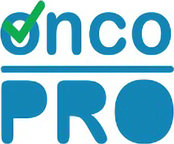 OncoPRO Logo - Blue sans-serif type with green checkmark on letter o