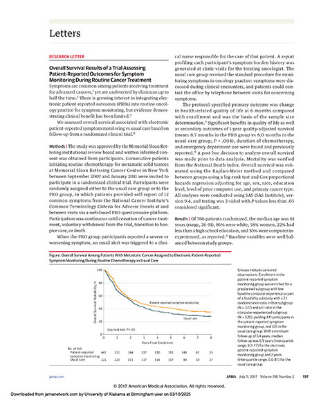 Overall Survival Results of a Trial Assessing Patient Reported Outcomes for Symptom Monitoring During Routine Cancer Treatment Cover Cover of Overall Survival Results of a Trial Assessing Patient Reported Outcomes for Symptom Monitoring During Routine Cancer Treatment