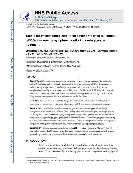 Tenets for Implementing Electronic Patient Reported Outcomes for Remote Symptom Monitoring During Cancer Treatment Cover Cover of Tenets for Implementing Electronic Patient Reported Outcomes for Remote Symptom Monitoring During Cancer Treatment