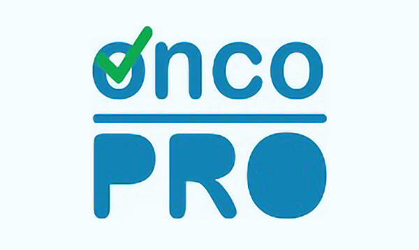 OncoPRO Logo - Blue sans-serif type with green checkmark on letter o over light blue background