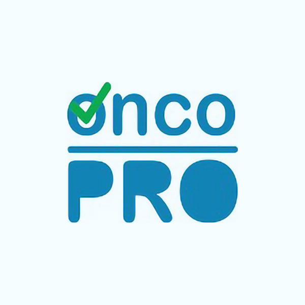 OncoPRO Logo - Blue sans-serif type with green checkmark on letter o over light blue background