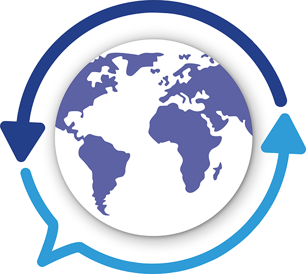 Translations Icon - Dark and light blue arrows making a comment bubble with purple globe icon inside