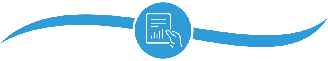 Cyan circle with white hand holding questionnaire icon inside and cyan swooshes on either side