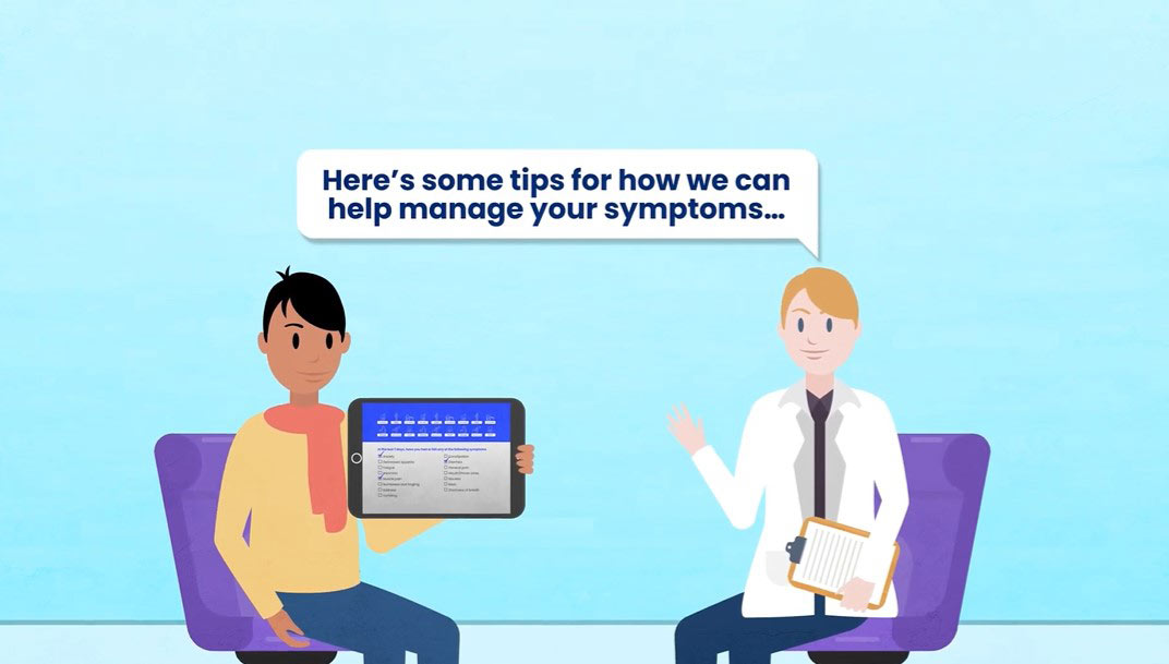 Video still showing person using a tablet and talking with their doctor